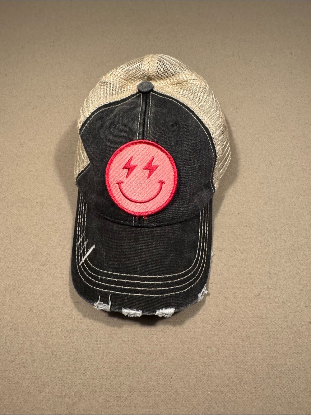 Katydid Beige Mesh Baseball Cap with Black Interior and Denim Strap